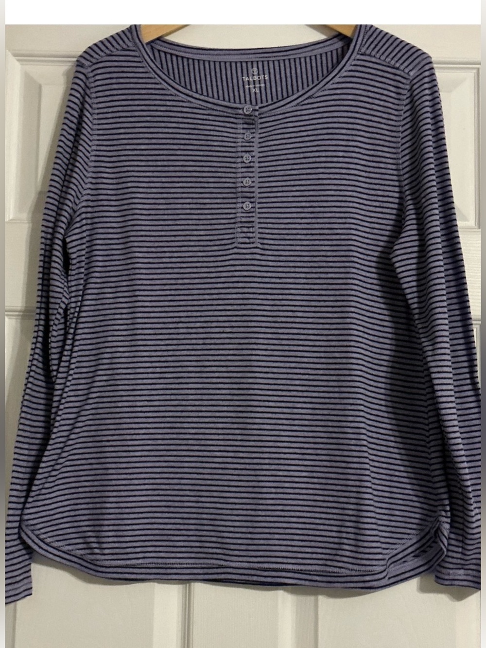 Talbot’s Cozy Striped Ribbed Henley Sweater in Purple and Dark Grey-XL